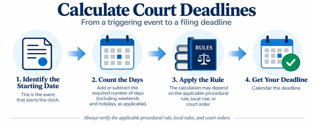 Court deadline calculator showing how to identify the starting date, count the required days, apply the applicable rule, and calendar the deadline.