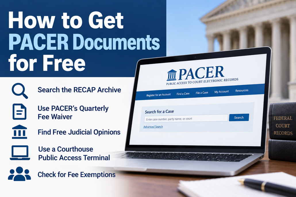 Free PACER search guide showing ways to find PACER documents and federal court records for free